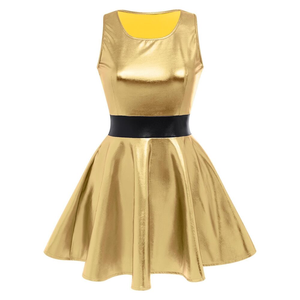 9409 Shiny Metallic Dress Sexy Sleeveless Skater Mini Dress Short Wet Look